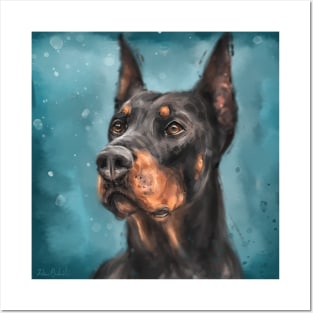 Painting of a Gorgeous Black and Gold Doberman on Dark Blue Background Posters and Art